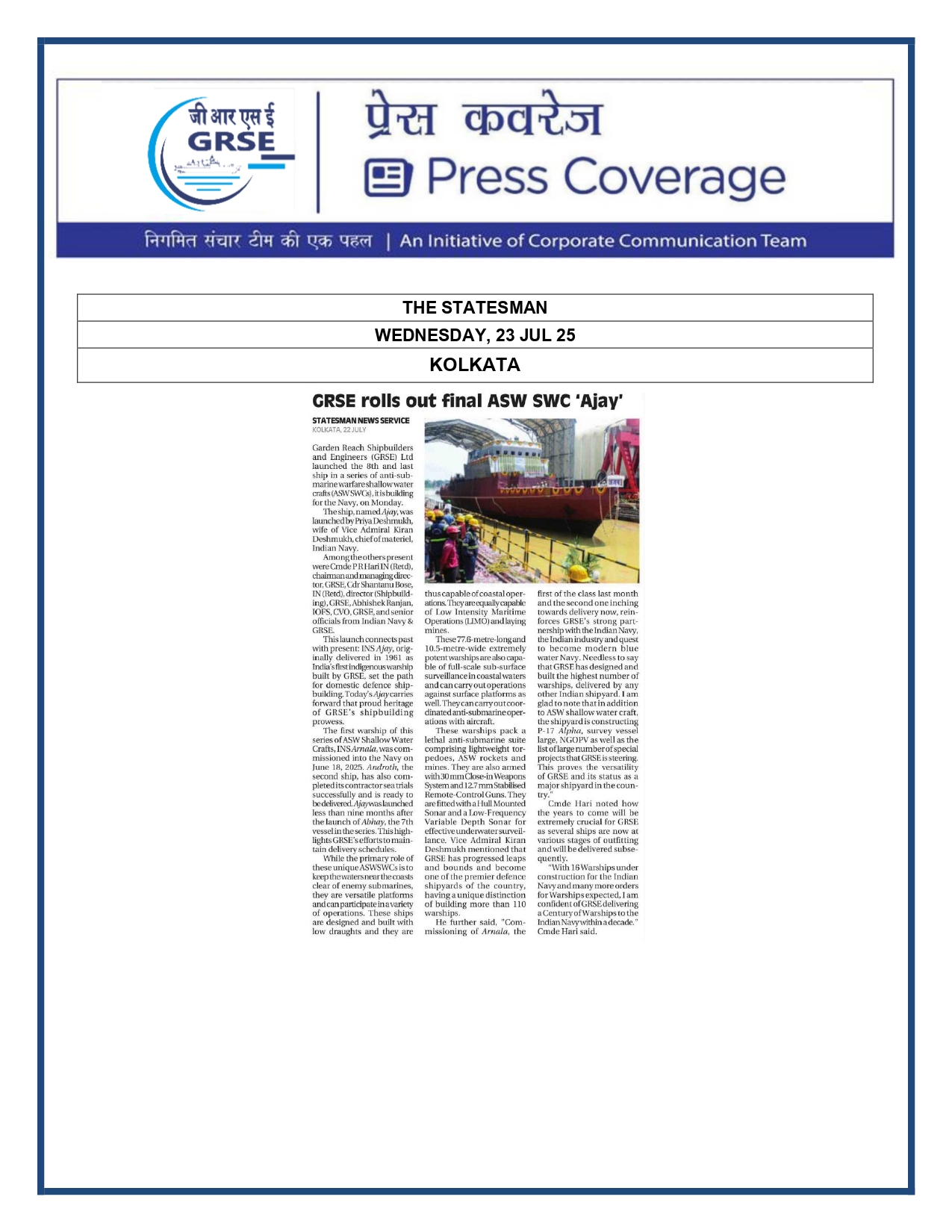 Press Coverage :  GRSE roll out fina ASW SWC 'Ajay'
